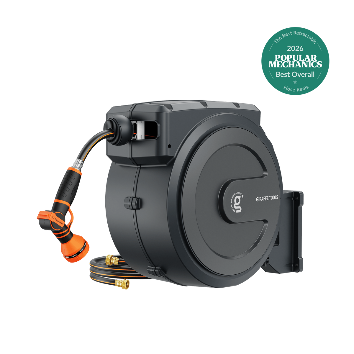 Giraffe Tools Retractable Garden Hose Reel 5/8in 90ft with wall mount, hose, and nozzle.