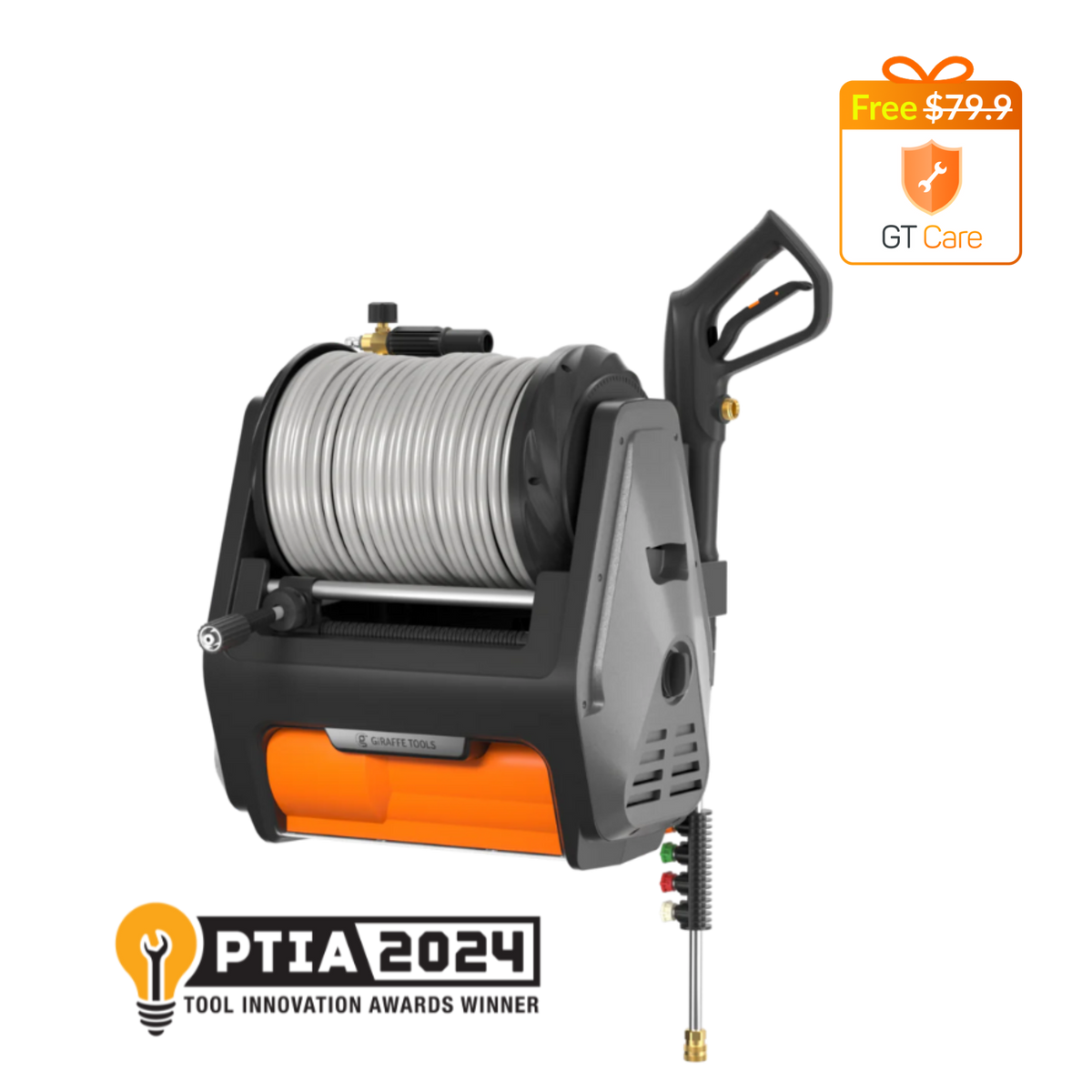 Giraffe Tools Grandfalls Retractable Pressure Washer Pro Features showing auto-retract system