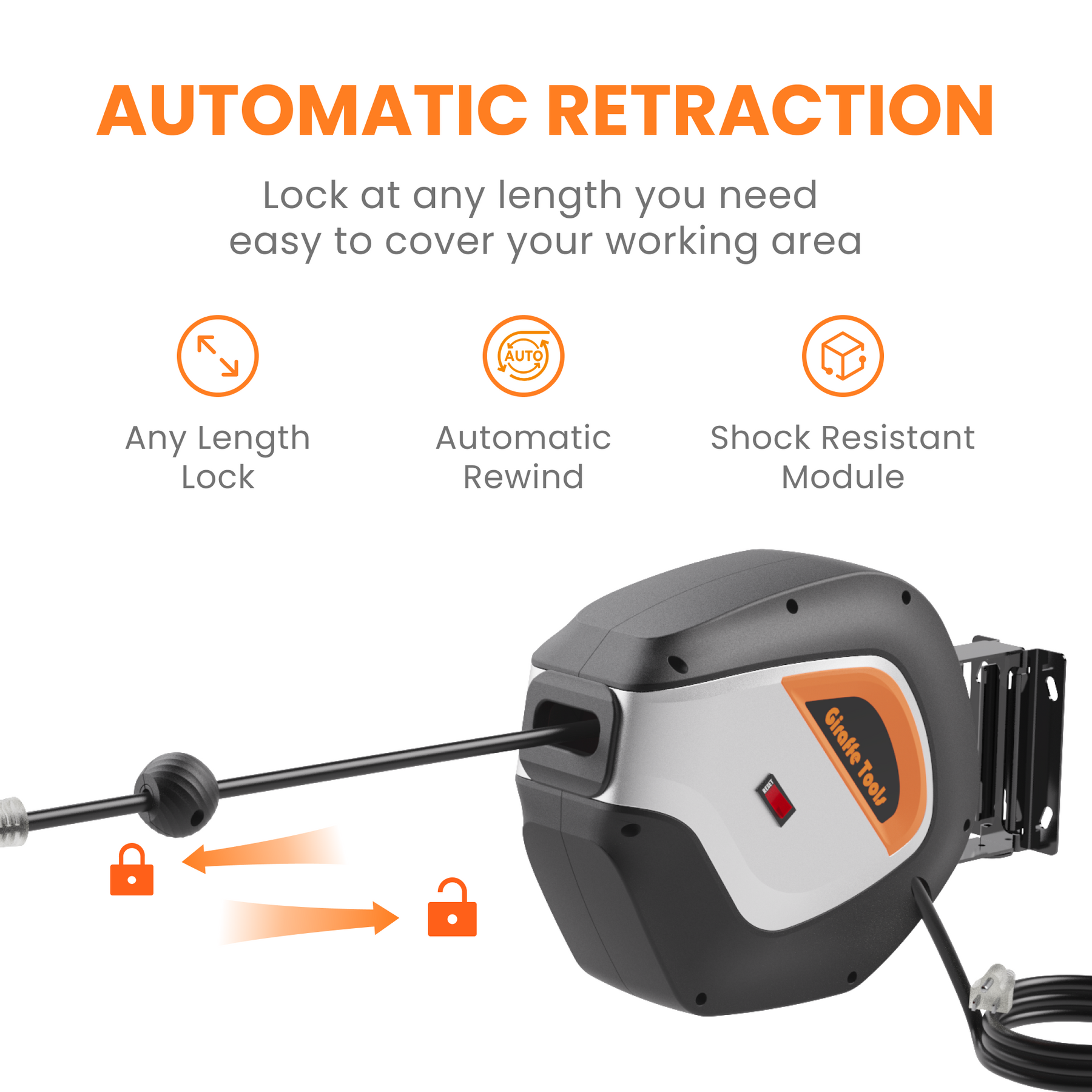 Retractable Extension Cord Reel-50ft-12AWG