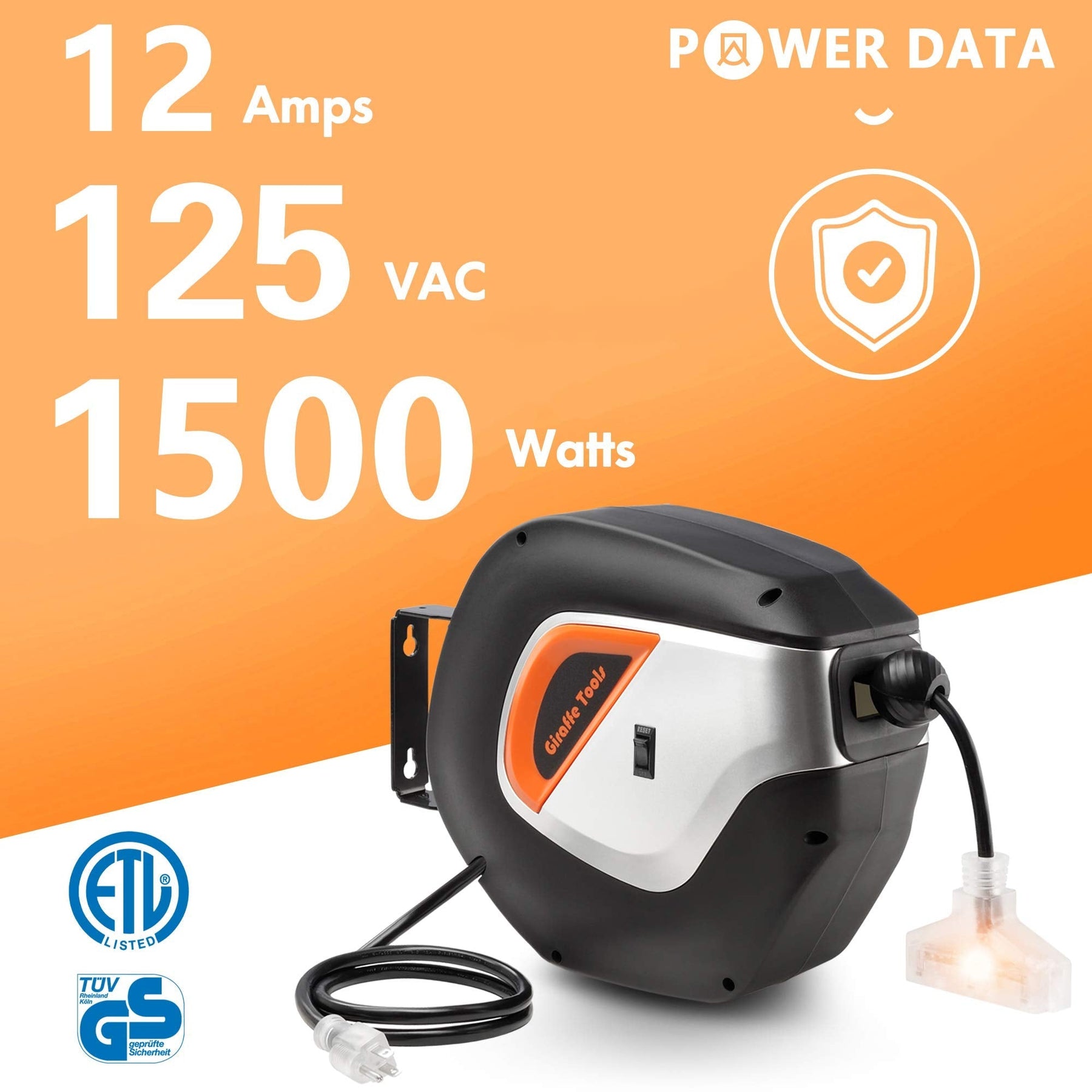 Retractable Extension Cord Reel-50ft-12AWG