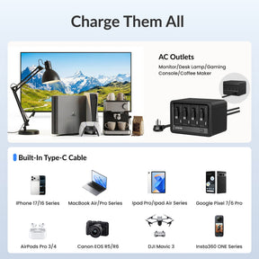 Gitryin Desktop Charging Station 12-in-1 (65W Combo) Features showing the black model supporting multiple devices through ac outlets and built-in charging cables