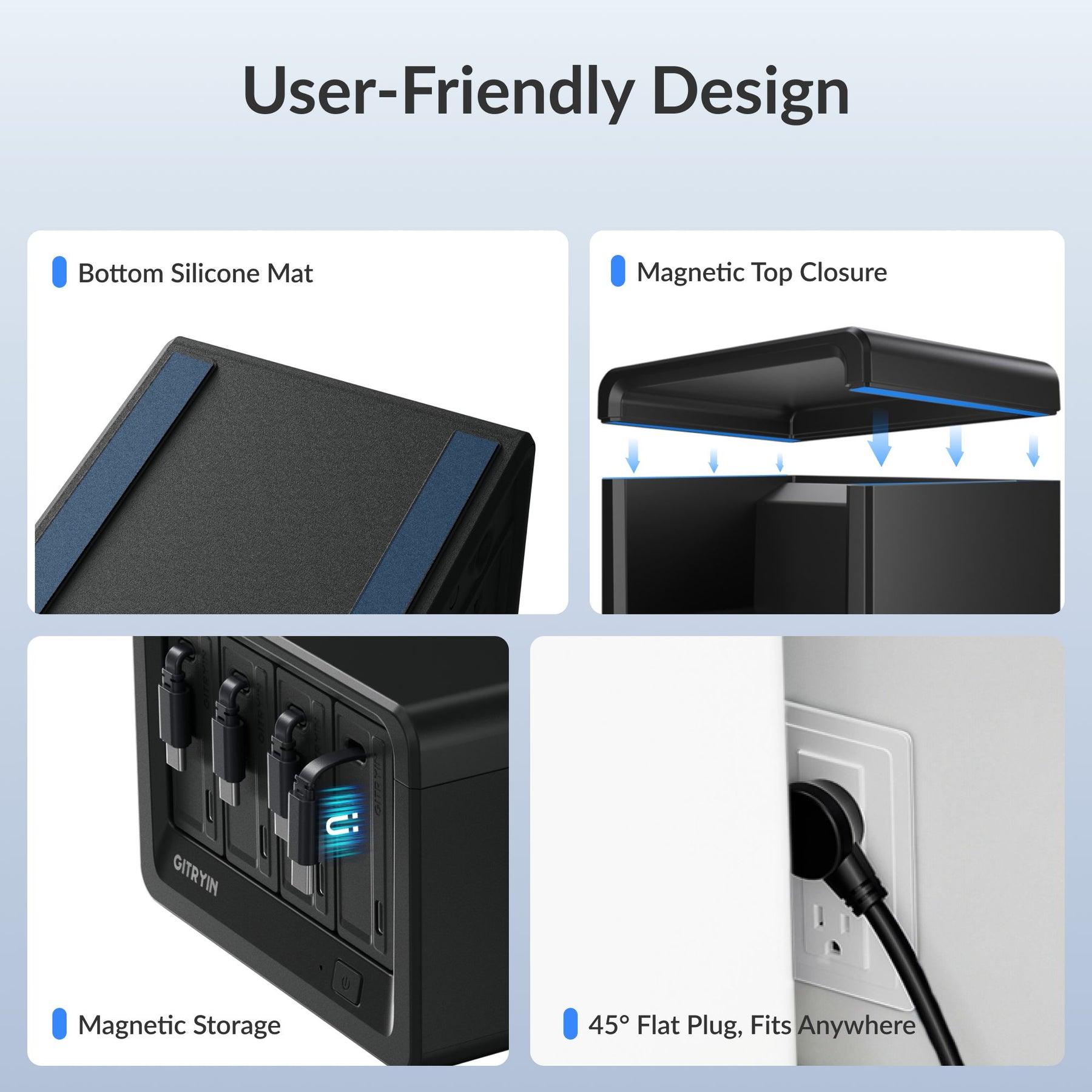 Gitryin Desktop Charging Station 12-in-1 (65W Combo) Features showing the black model with silicone grip pads, a magnetic lid, magnetic cable storage and a 45-degree flat plug