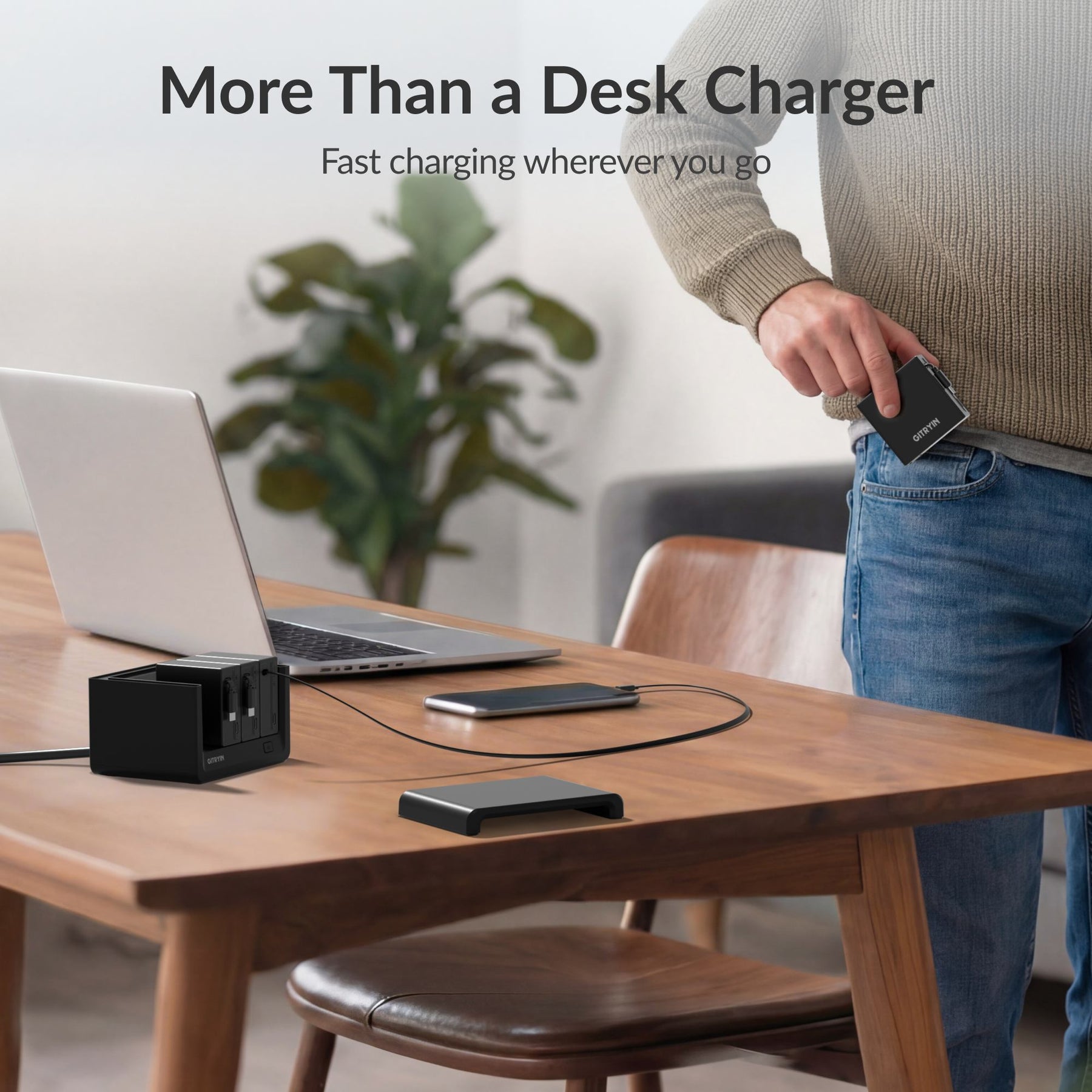Gitryin Desktop Charging Station 12-in-1 (65W Combo) Features showing the black model with a detachable module for portable fast charging