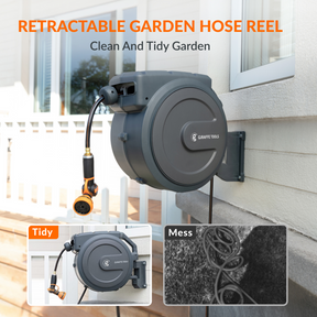 Giraffe Tools AW30 Garden Hose Reel Retractable 1/2 x 100 ft Wall Mounted  Water Hose Reel Automatic Rewind, Any Length Lock, 100ft, Dark Grey : :  Patio, Lawn & Garden