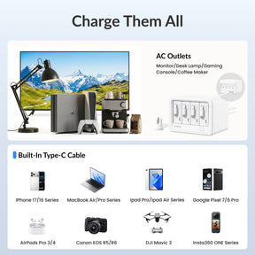 Gitryin Desktop Charging Station 12-in-1 (65WCombo) Features showing device compatibility withac outlets and built-in charging cables