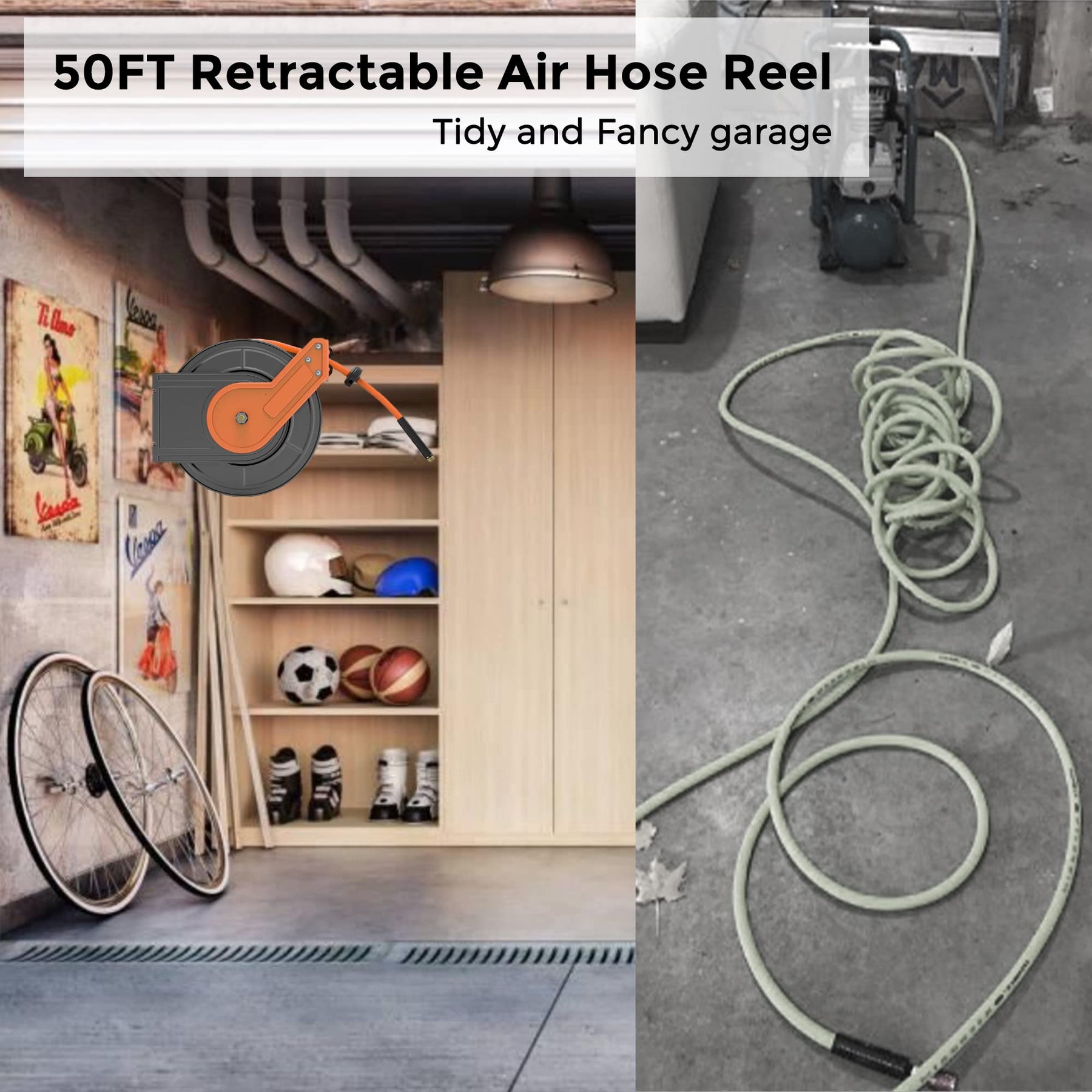 Retractable Air Hose Reel-Alloy Steel Reel-3/8in-50ft-without bracket