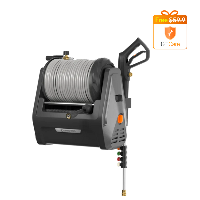 Giraffe Tools Grandfalls Retractable Pressure Washer Plus Features showing a space-saving dark gray design with an integrated hose reel and spray gun storage on a white background