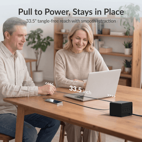 Gitryin Desktop Charging Station 12-in-1 (65W Combo) Featuresshowing the black model with 33.5-inch retractable chargingcables and smooth retraction