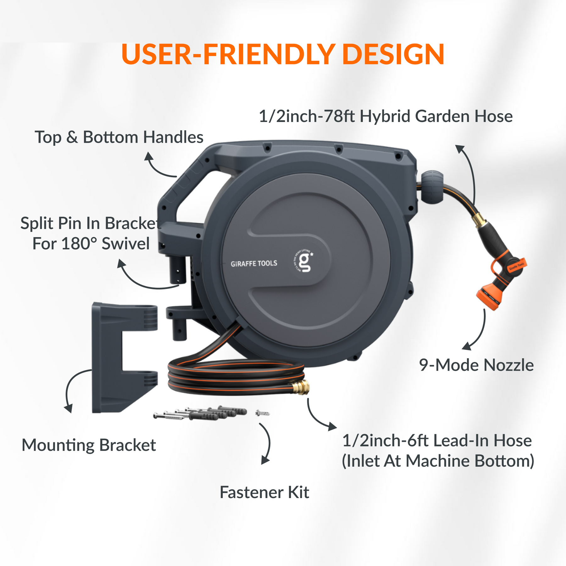 Giraffe Tools Wall Mounted Hose Reel 20+2m, Hose Pipe Reel Automatic Rewind  with 7 in 1 Spray Gun and Swivel Bracket for Garden