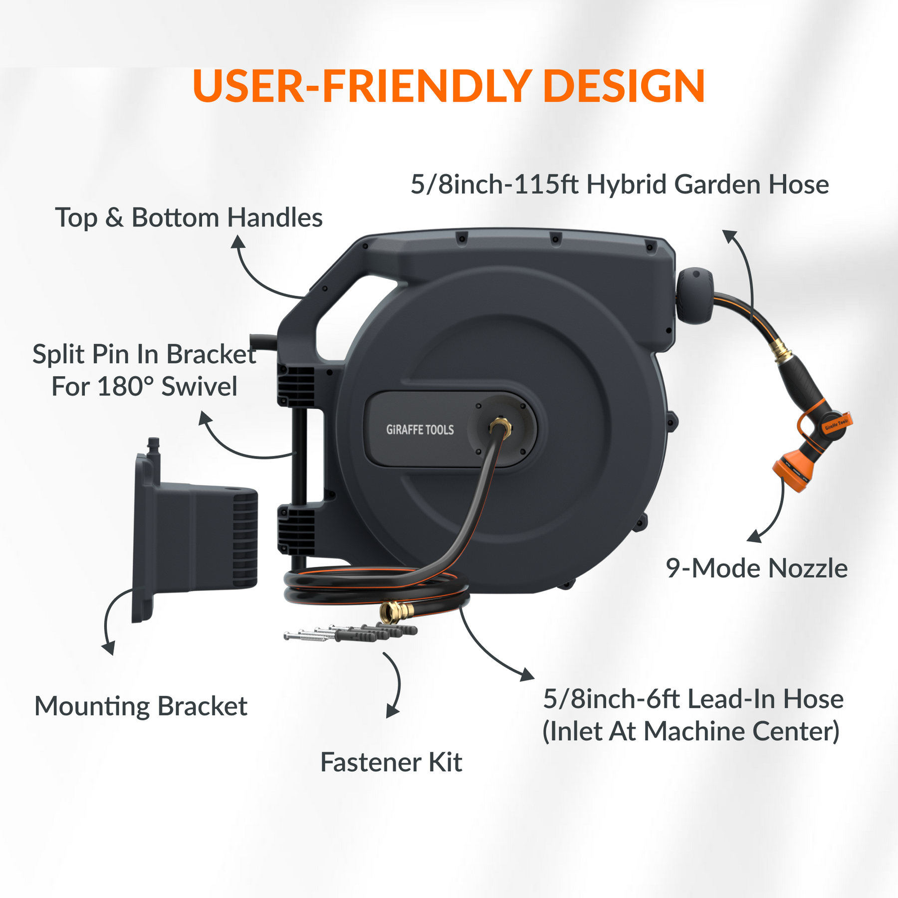 VEVOR Retractable Hose Reel 5/8 in. x 65 ft. Wall Mounted Garden Hose Reel  with Swivel Bracket and 7 Pattern Nozzle Water Hose SSS65FT58INCHYIS9V0 