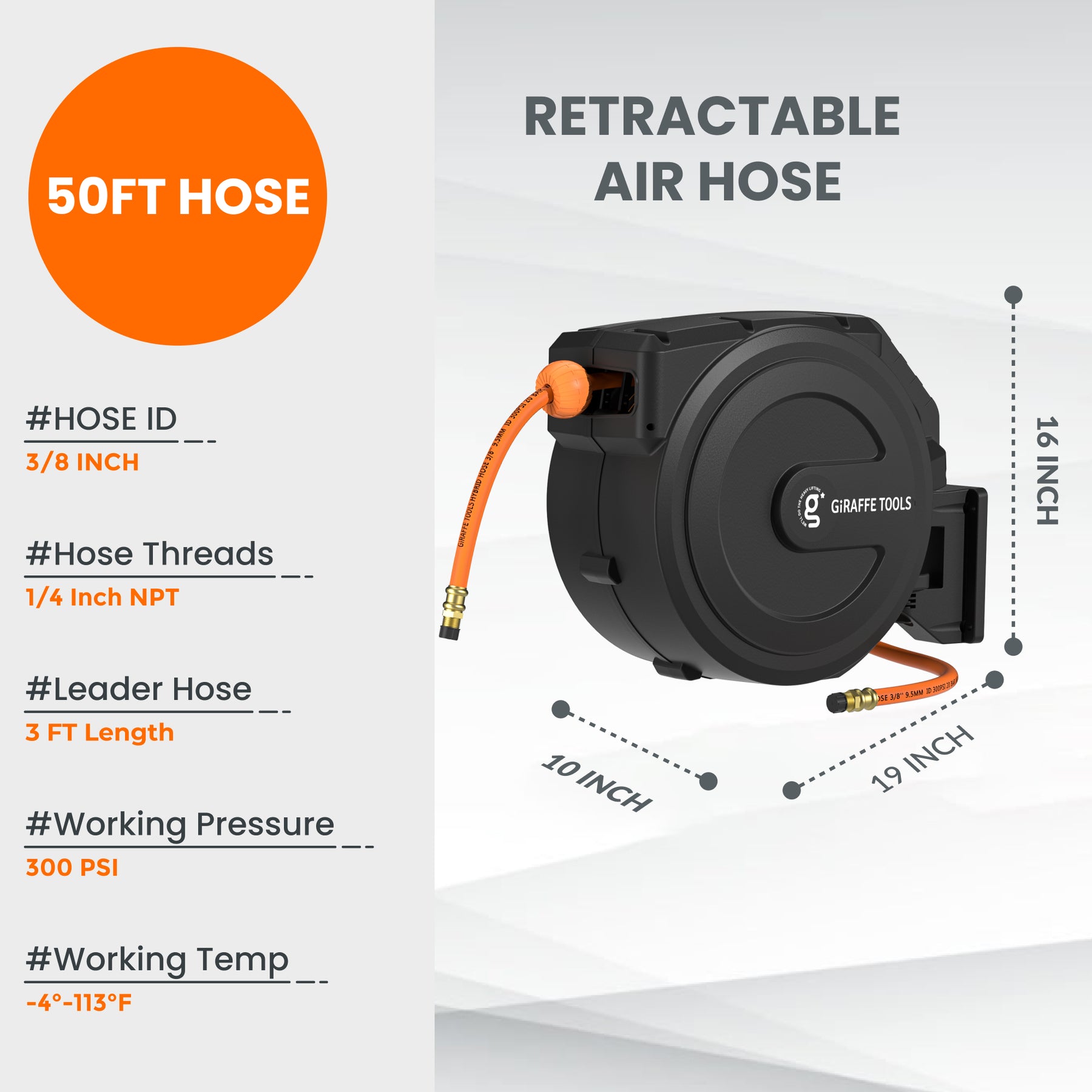 Retractable Air Hose Reel-PP Housing-3/8in-50ft