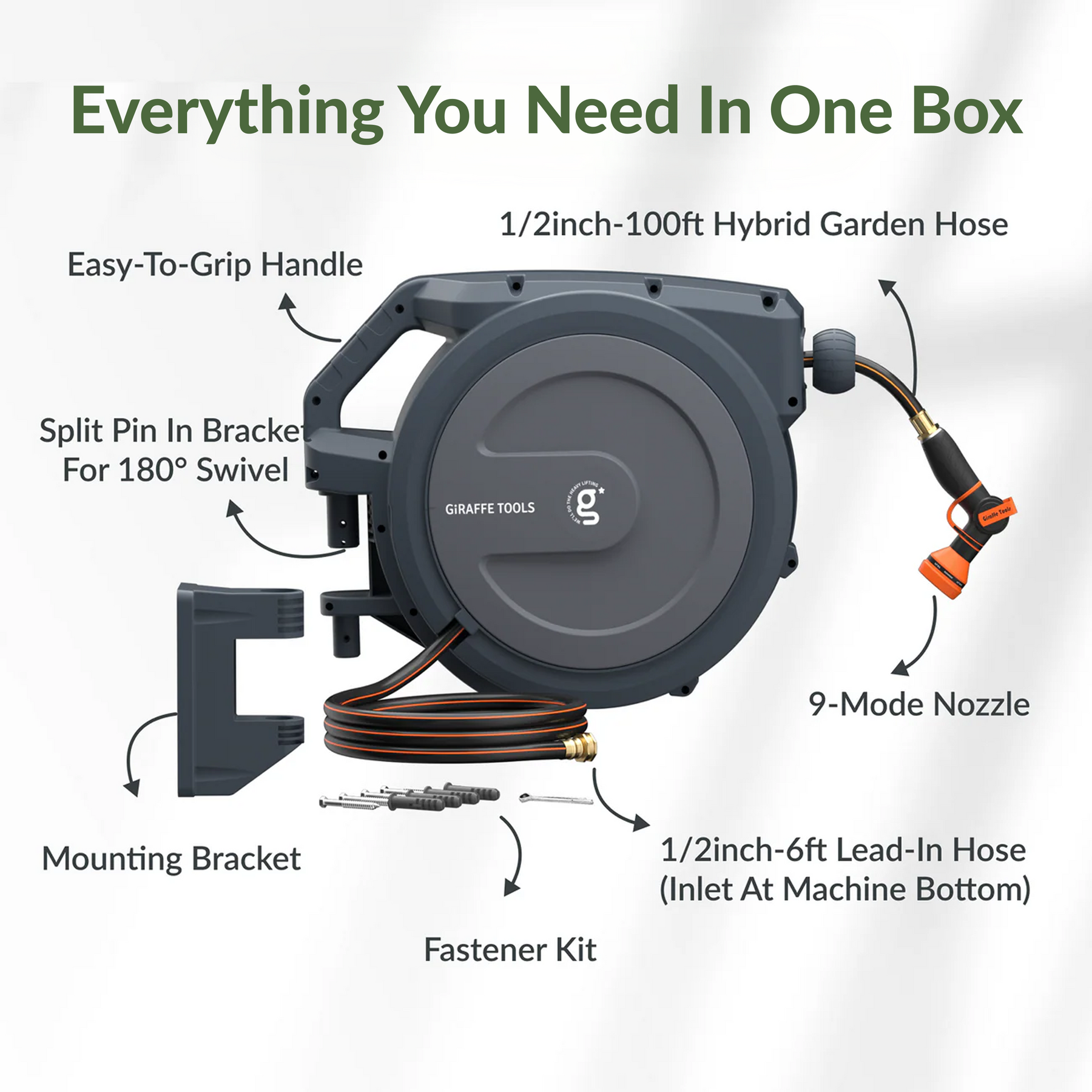 Giraffe Tools Retractable Garden Hose Reel-1/2in-100ft Features hose reel, 9-mode nozzle, bracket, lead-in hose, and fastener kit.