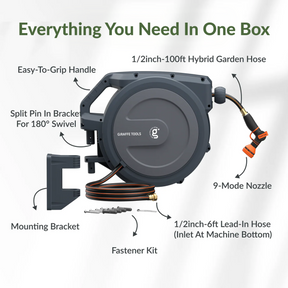 Giraffe Tools Retractable Garden Hose Reel-1/2in-100ft Features hose reel, 9-mode nozzle, bracket, lead-in hose, and fastener kit.