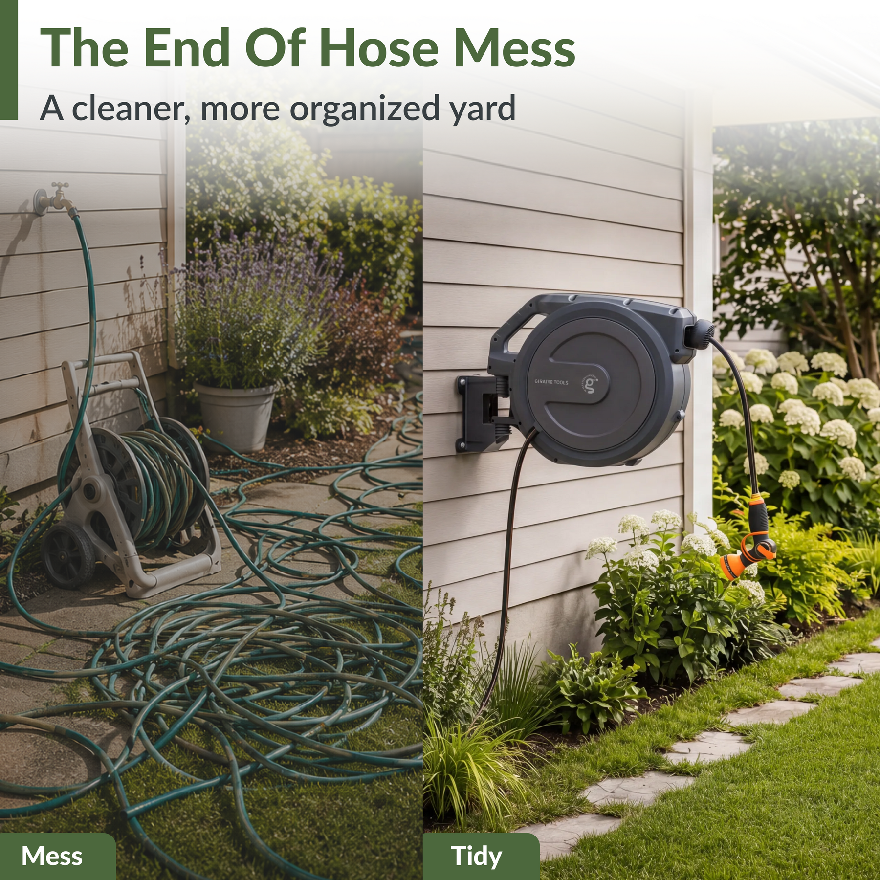 Giraffe Tools Retractable Garden Hose Reel-1/2in-100ft Features a messy-to-tidy yard comparison to reduce hose clutter.