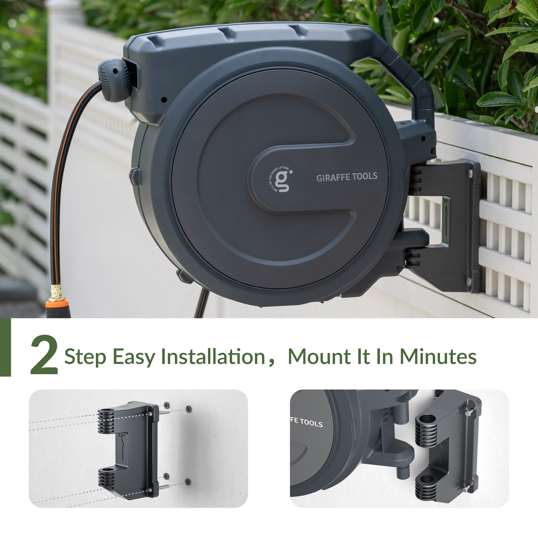 Giraffe Tools Retractable Garden Hose Reel-1/2in-100ft Features 2-step easy installation with a wall-mounted bracket.