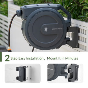 Giraffe Tools Retractable Garden Hose Reel-1/2in-100ft Features 2-step easy installation with a wall-mounted bracket.