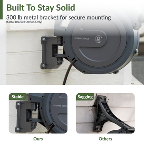 Giraffe Tools Retractable Garden Hose Reel-1/2in-100ft Features a 300 lb metal bracket for stable wall mounting.