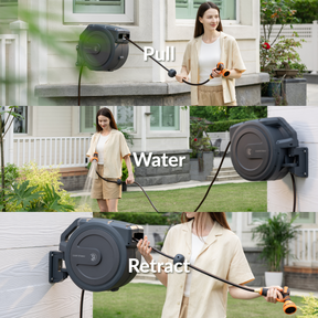 Giraffe Tools Retractable Garden Hose Reel-1/2in-100ft Features pull, water, and retract steps for easier yard watering.