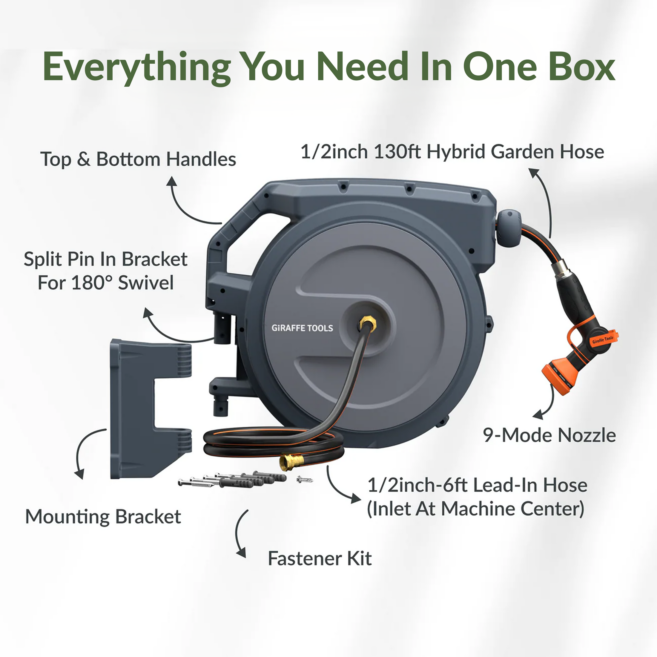 Giraffe Tools Retractable Garden Hose Reel-1/2in-130ft Features hose reel, 9-mode nozzle, bracket, lead-in hose, and fastener kit.