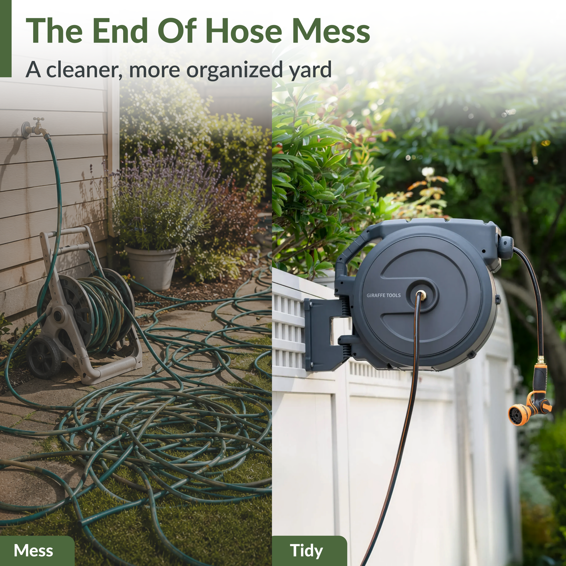 Giraffe Tools Retractable Garden Hose Reel-1/2in-130ft Features a messy-to-tidy yard comparison to reduce hose clutter.