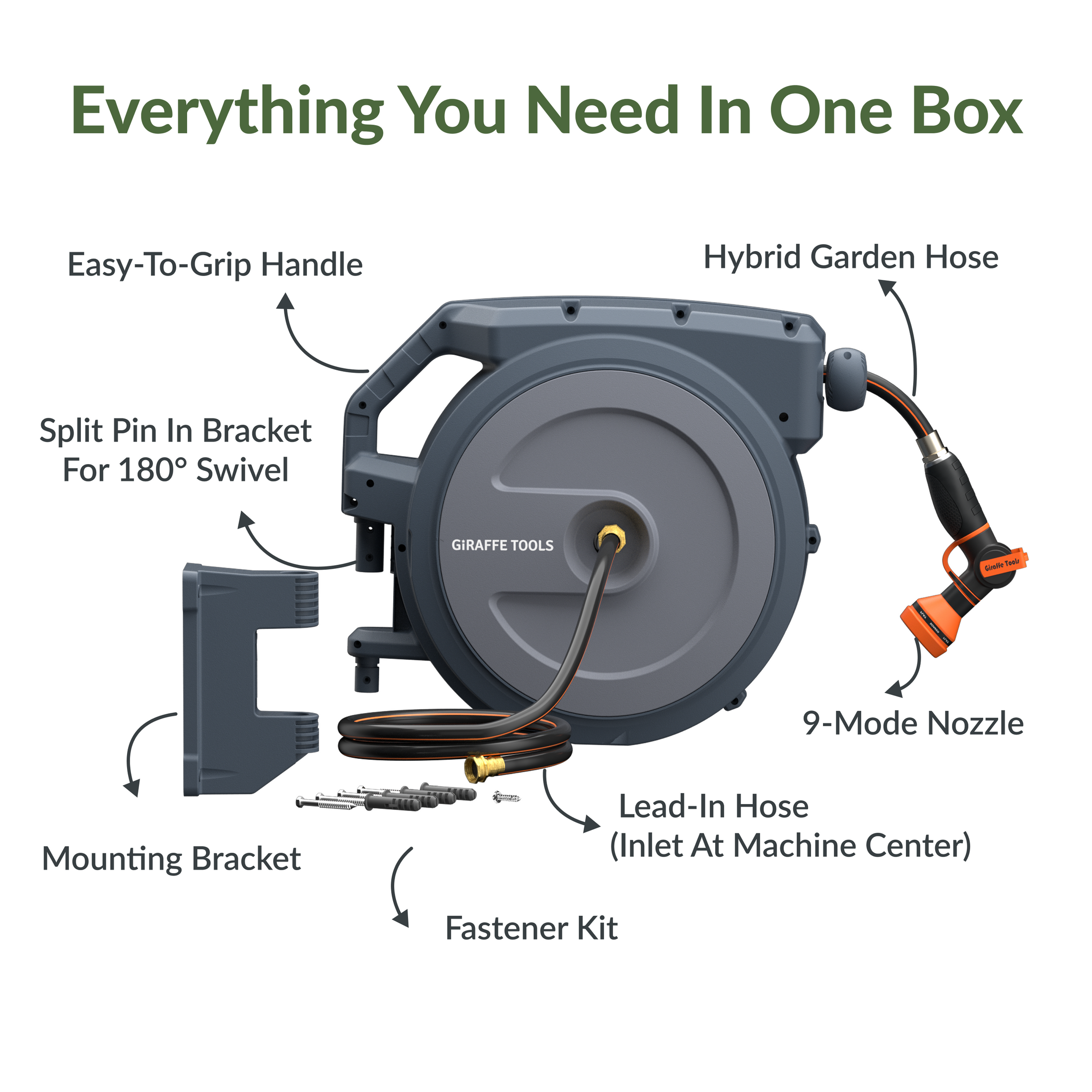 Giraffe Tools Retractable Garden Hose Reel-1/2in-100ft Features hose reel, 9-mode nozzle, bracket, lead-in hose, and fastener kit.