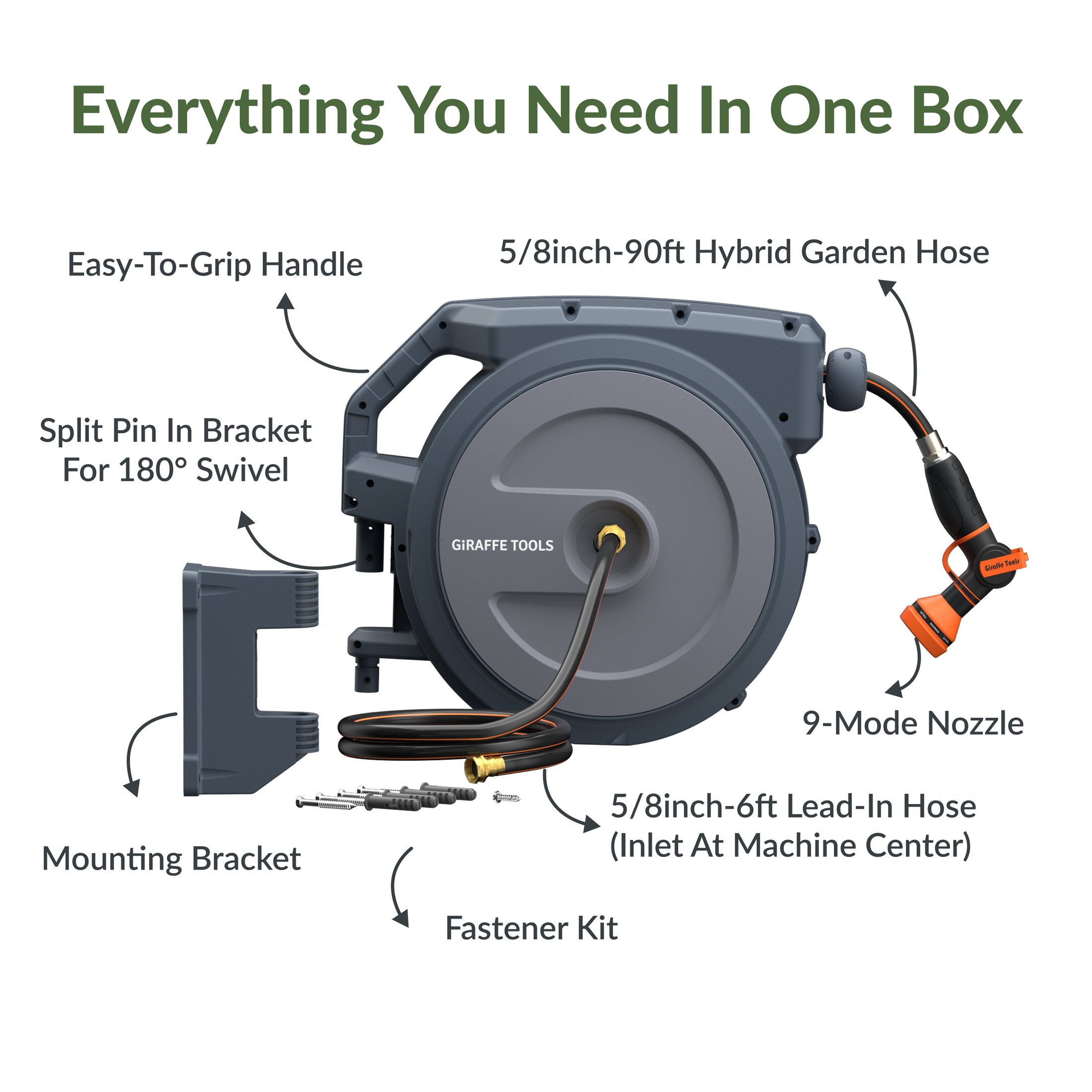Giraffe Tools Retractable Garden Hose Reel-5/8in-90ft Features hose reel, 9-mode nozzle, bracket, lead-in hose, and fastener kit.