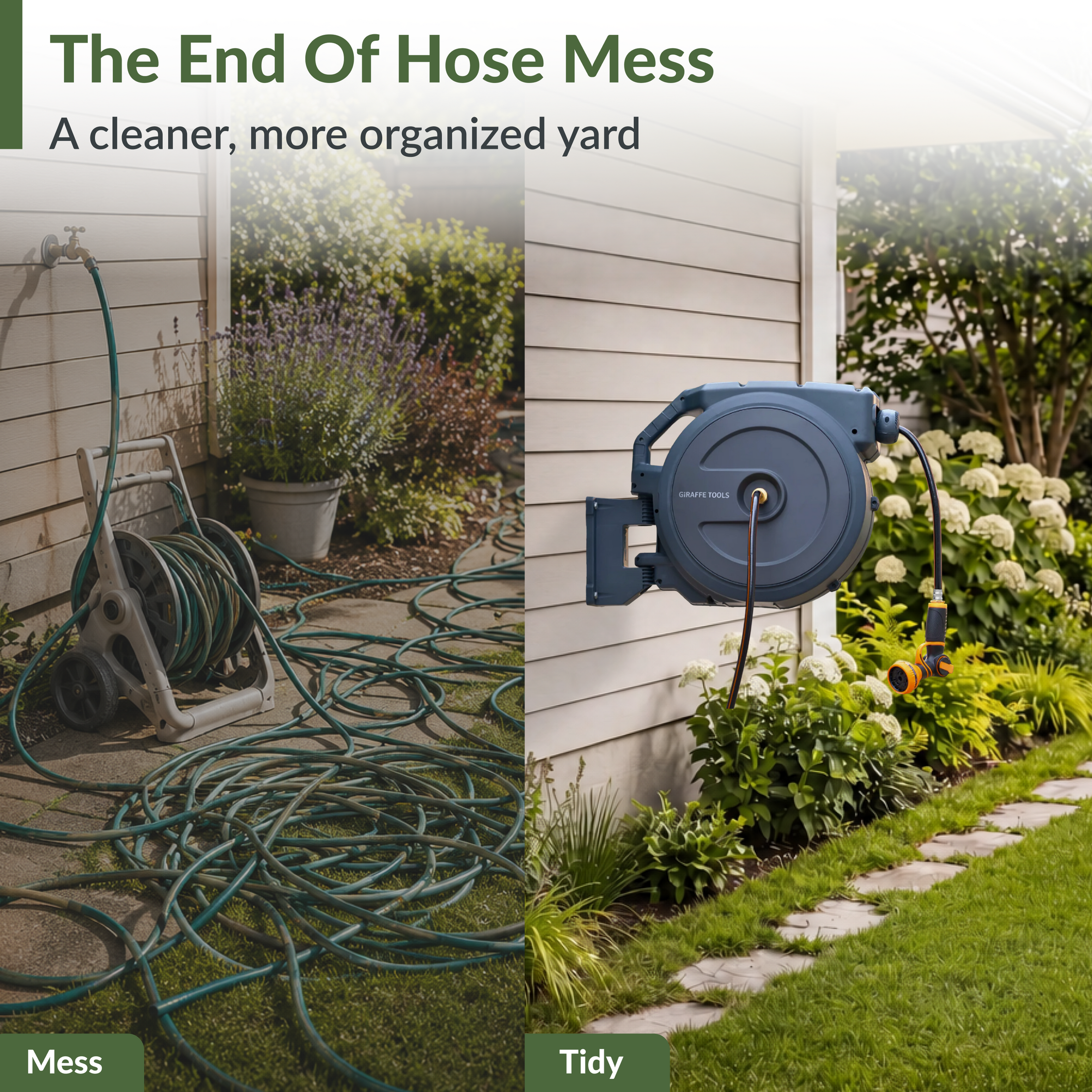 Giraffe Tools Retractable Garden Hose Reel-5/8in-90ft Features a messy-to-tidy yard comparison to reduce hose clutter.