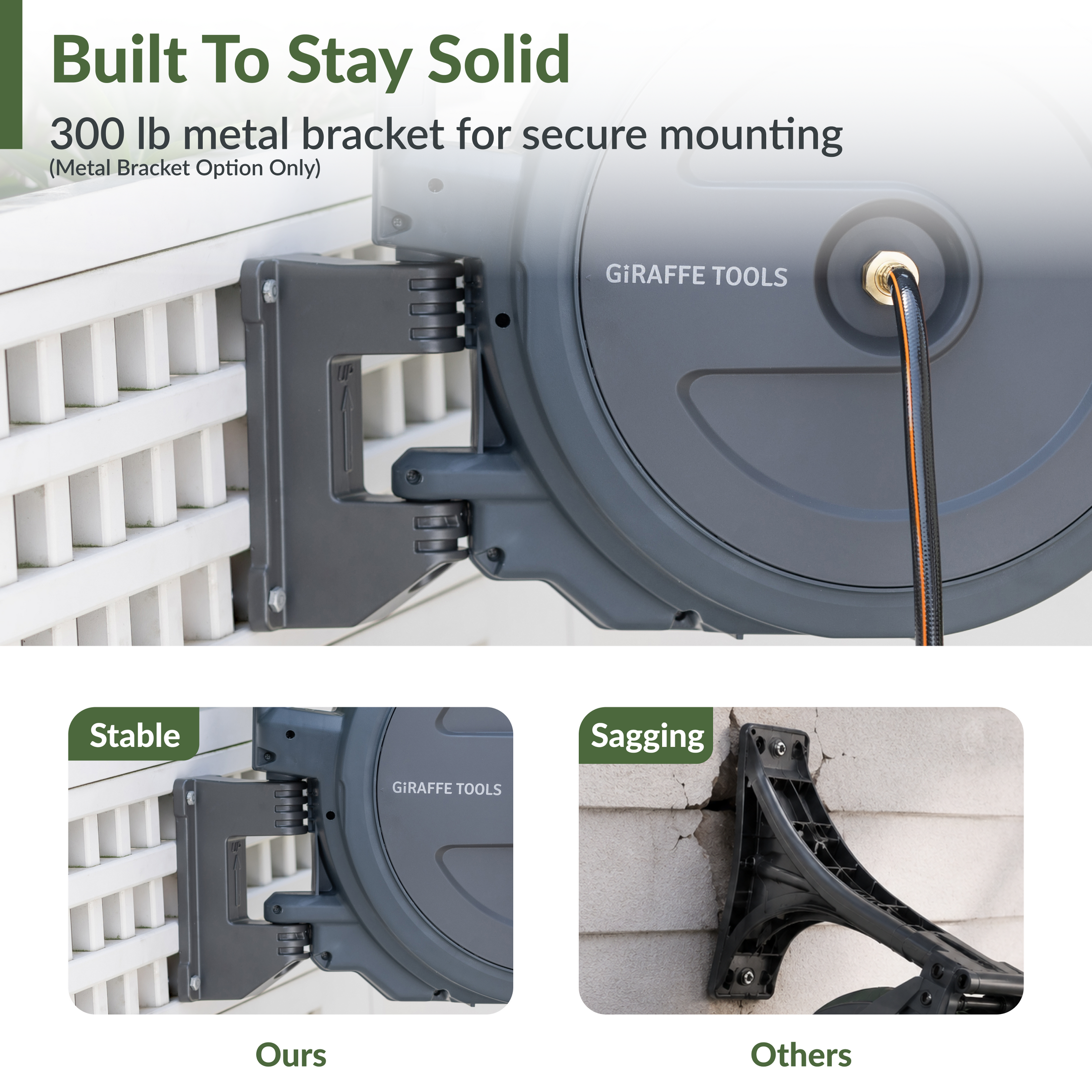 Giraffe Tools Retractable Garden Hose Reel-5/8in-90ft Features a 300 lb metal bracket for stable wall mounting.