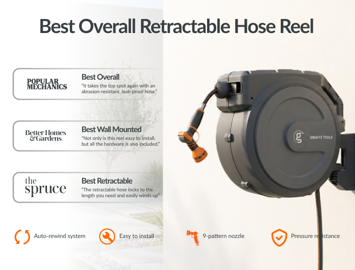 Retractable hose reel with features and accolades on a white background