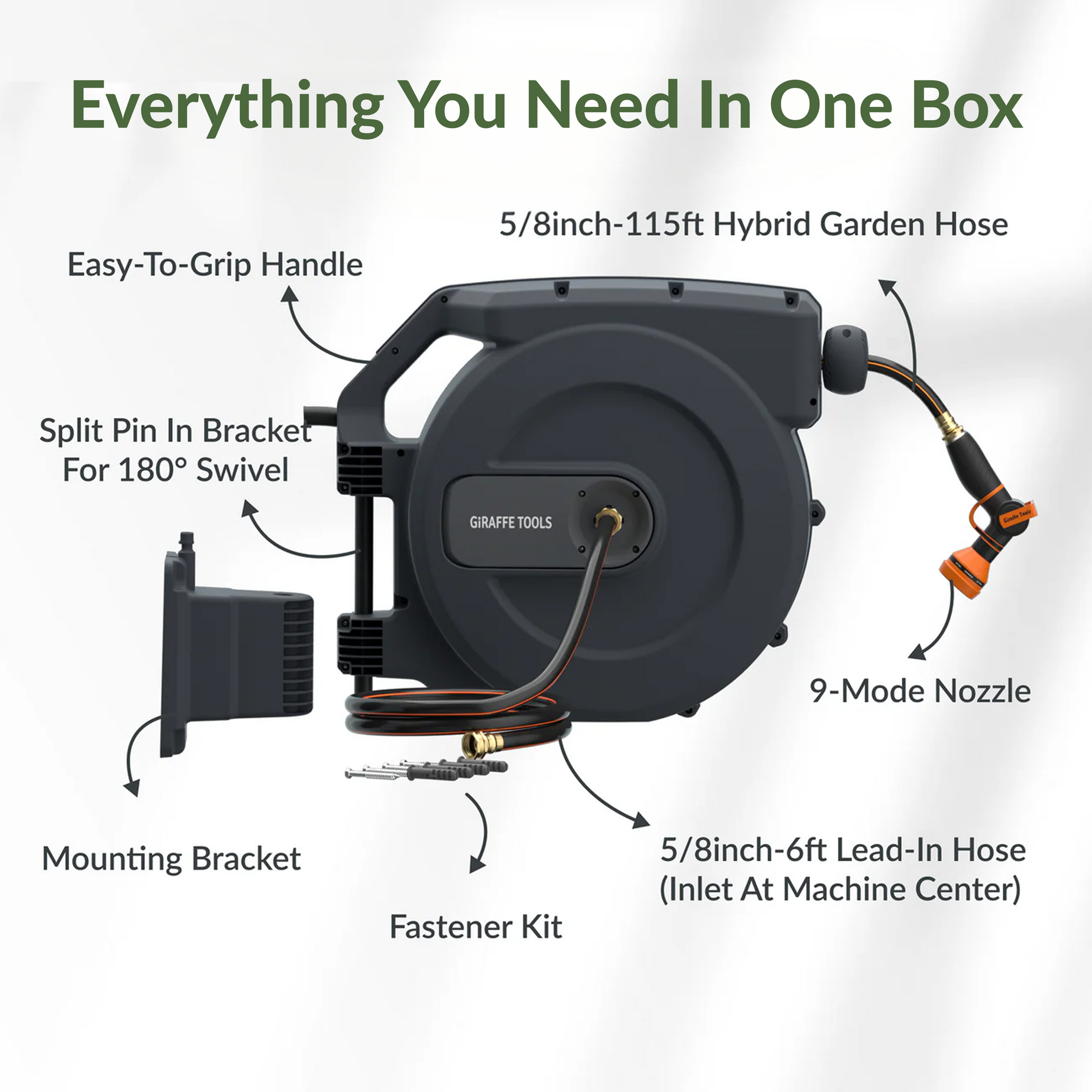 Giraffe Tools Retractable Garden Hose Reel-5/8 in-115ft Features hose reel, 9-mode nozzle, bracket, lead-in hose, and fastener kit.