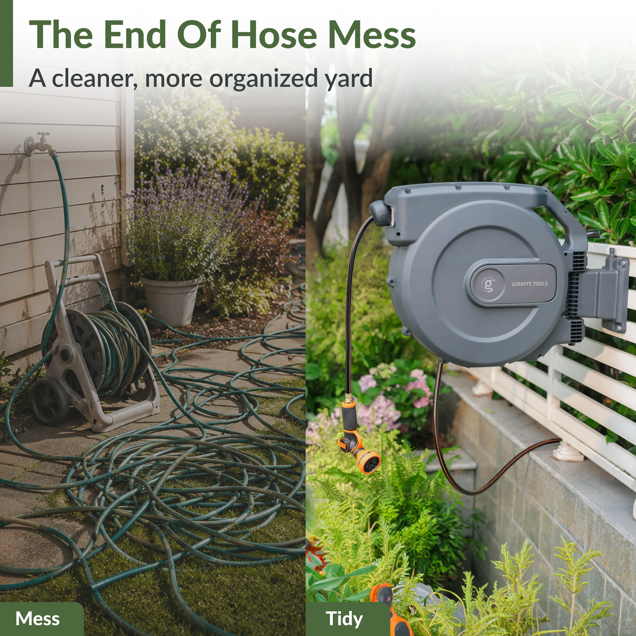 Giraffe Tools Retractable Garden Hose Reel-5/8 in-115ft Features a messy-to-tidy yard comparison to reduce hose clutter.