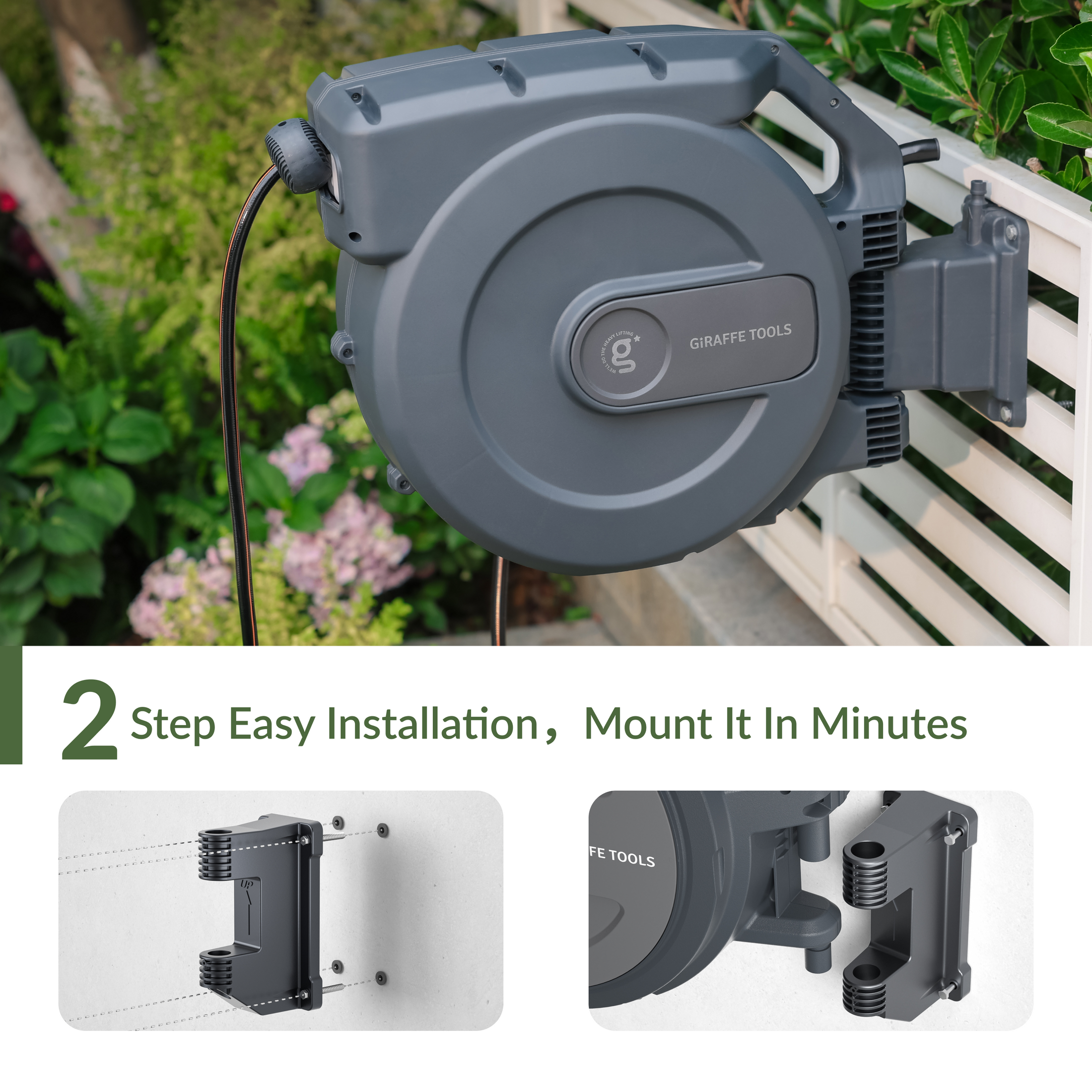 Giraffe Tools Retractable Garden Hose Reel-5/8 in-115ft Features 2-step easy installation with a wall-mounted bracket.