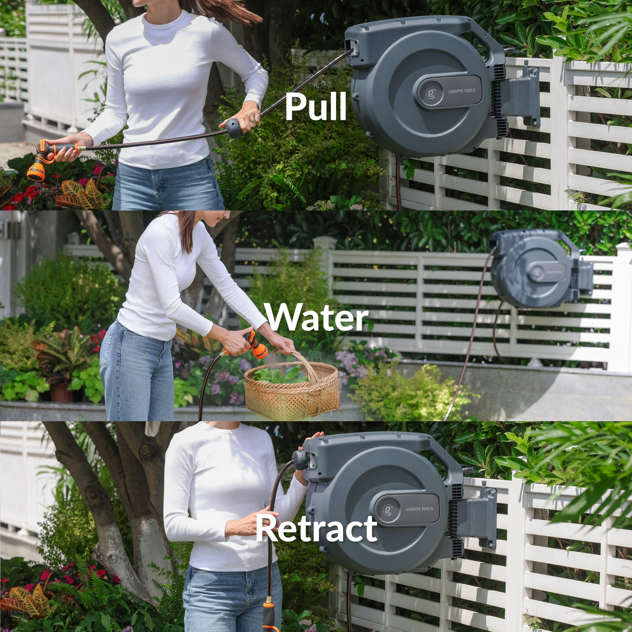 Giraffe Tools Retractable Garden Hose Reel-5/8 in-115ft Features pull, water, and retract steps for easier yard watering.
