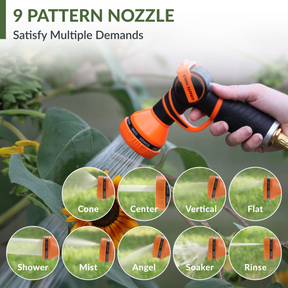 Giraffe Tools Retractable Garden Hose Reel-5/8 in-65ft Features a 9-pattern nozzle for multiple garden watering needs.