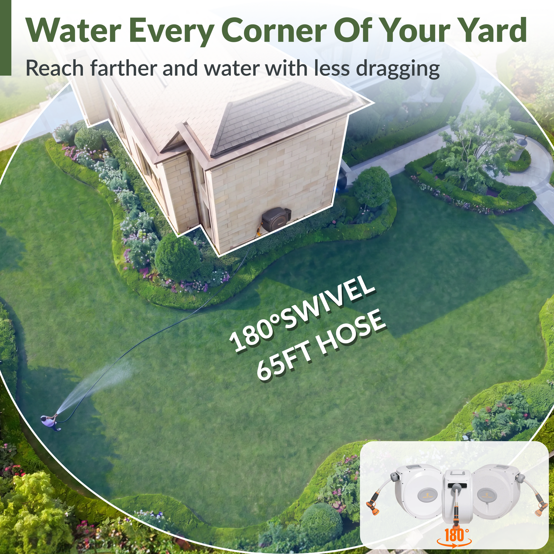 Giraffe Tools Retractable Garden Hose Reel-5/8 in-65ft Features 180° swivel and 100 ft hose reach for watering every corner.