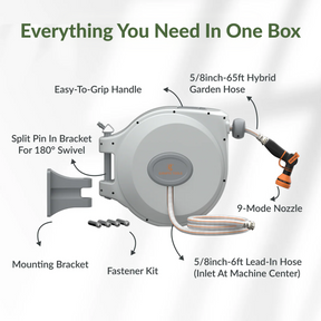Giraffe Tools Retractable Garden Hose Reel-5/8 in-65ft Features hose reel, 9-mode nozzle, bracket, lead-in hose, and fastener kit.