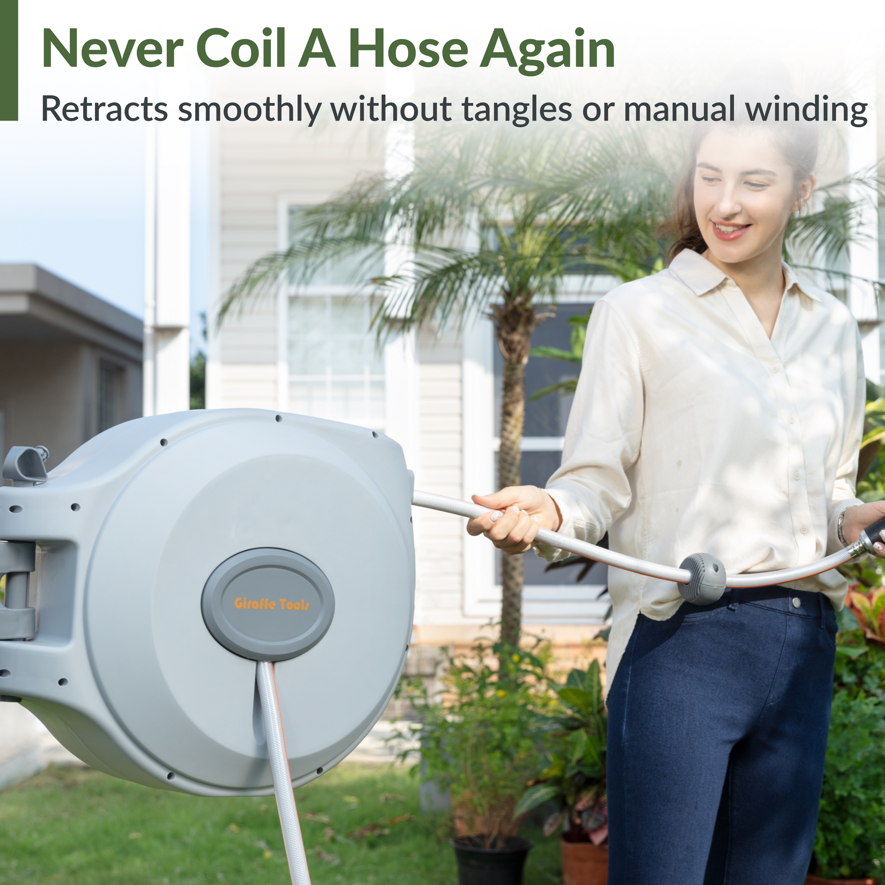 Giraffe Tools Retractable Garden Hose Reel-5/8 in-65ft Features smooth hose retraction without tangles or manual winding.