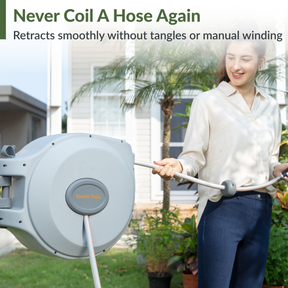 Giraffe Tools Retractable Garden Hose Reel-5/8 in-65ft Features smooth hose retraction without tangles or manual winding.