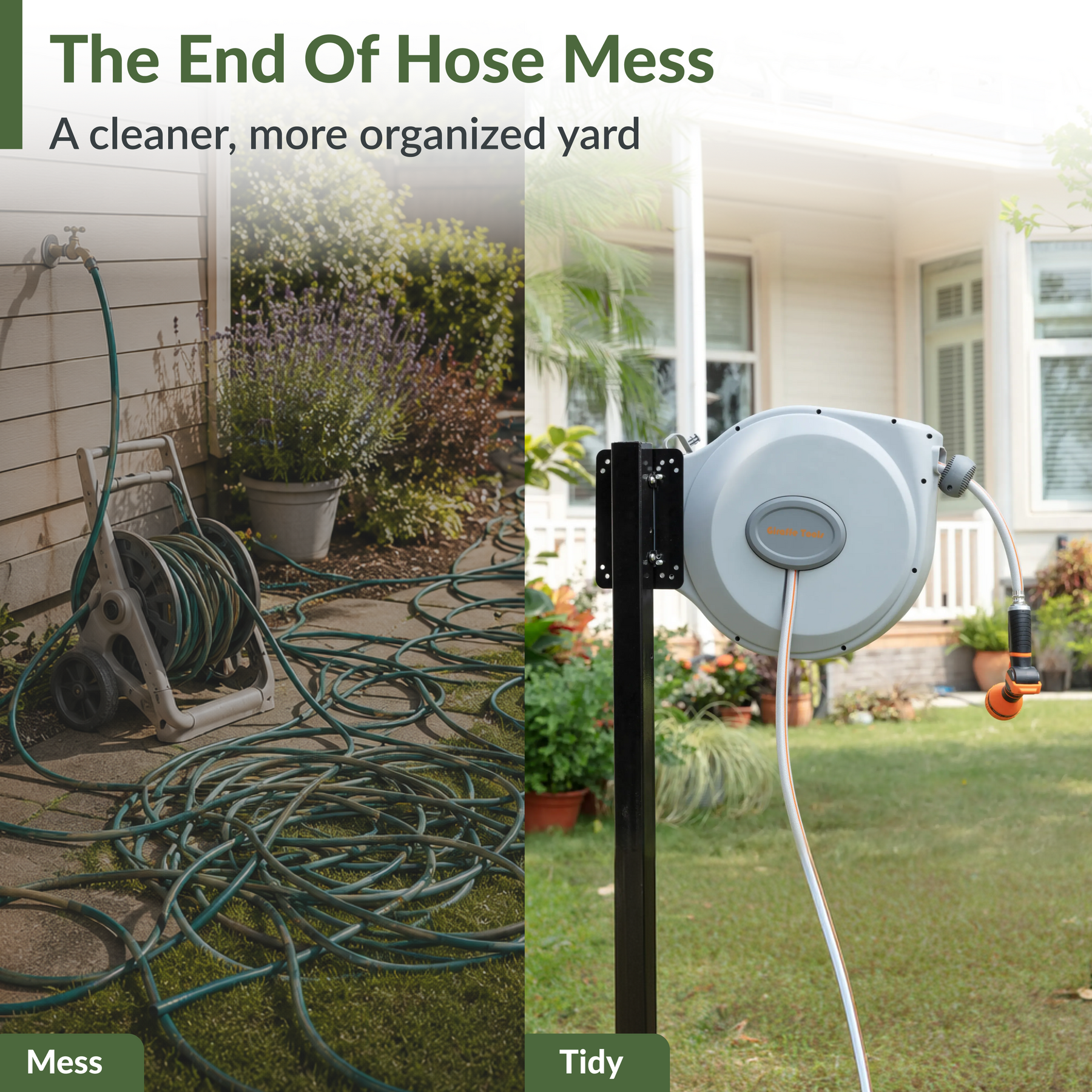 Giraffe Tools Retractable Garden Hose Reel-5/8 in-65ft Features a messy-to-tidy yard comparison to reduce hose clutter.