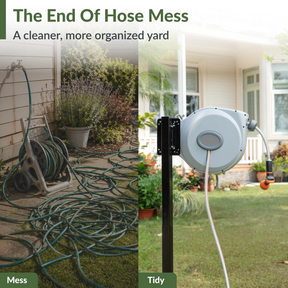 Giraffe Tools Retractable Garden Hose Reel-5/8 in-65ft Features a messy-to-tidy yard comparison to reduce hose clutter.
