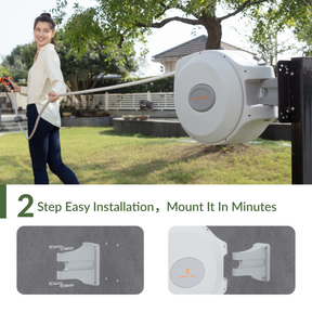 Giraffe Tools Retractable Garden Hose Reel-5/8 in-65ft Features 2-step easy installation with a wall-mounted bracket.