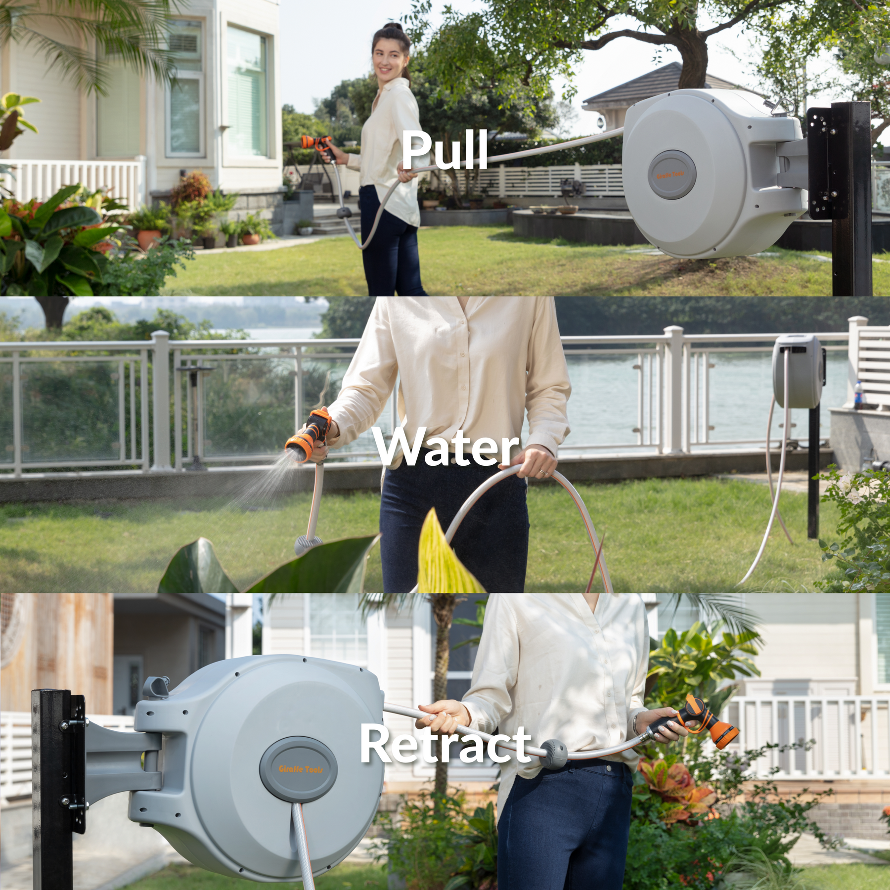 Giraffe Tools Retractable Garden Hose Reel-5/8 in-65ft Features pull, water, and retract steps for easier yard watering.