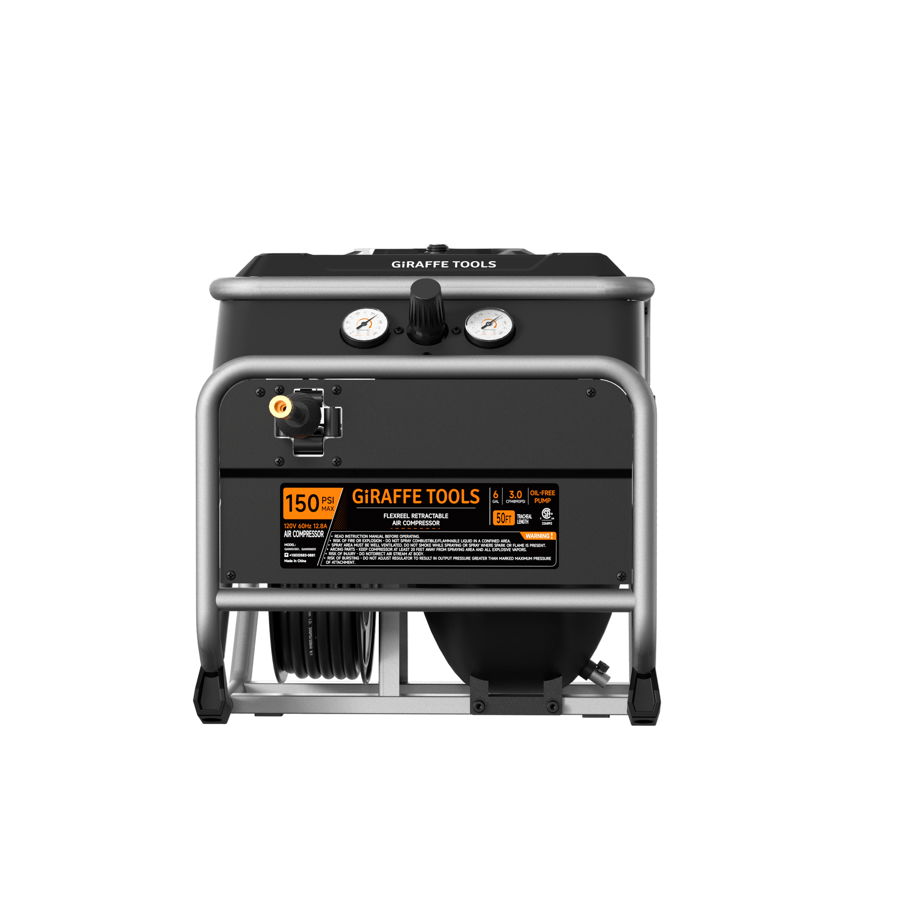 Front view of the Giraffe Tools FlexReel retractable air compressor