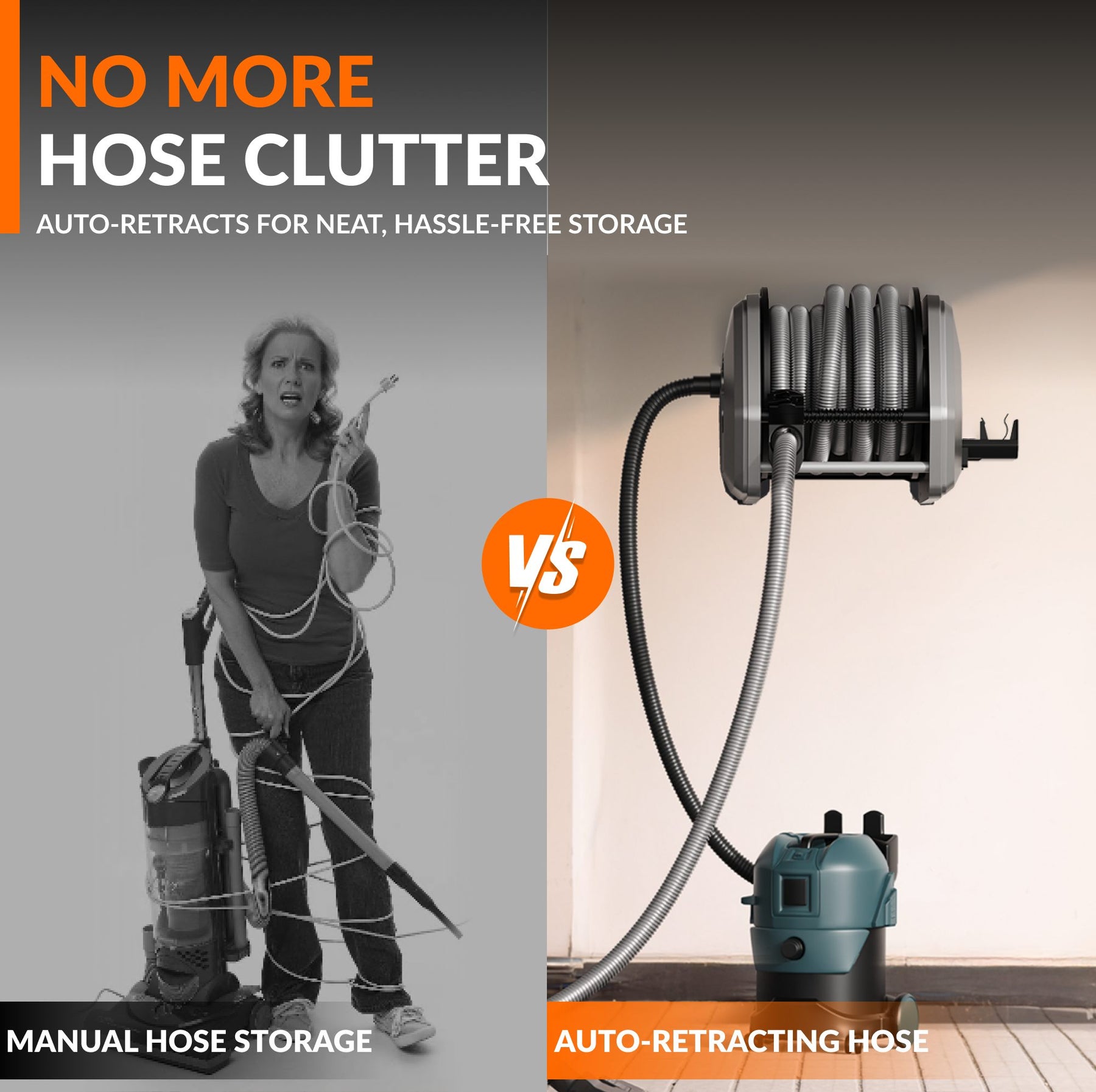 Comparison of manual hose storage and an auto-retracting vacuum hose reel.