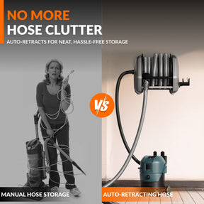 Comparison of manual hose storage and an auto-retracting vacuum hose reel.