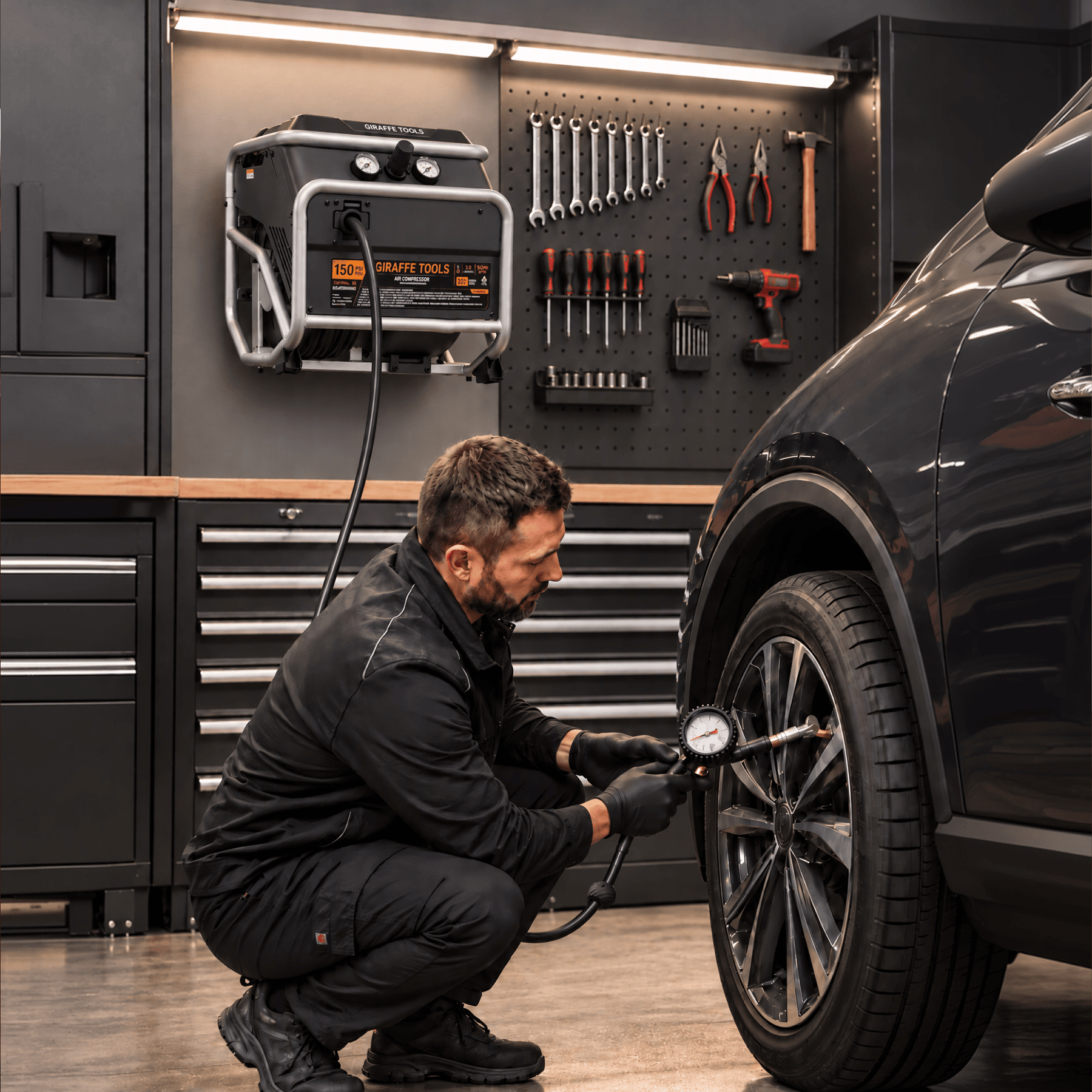 Giraffe Tools FlexReel air compressor inflating a car tire