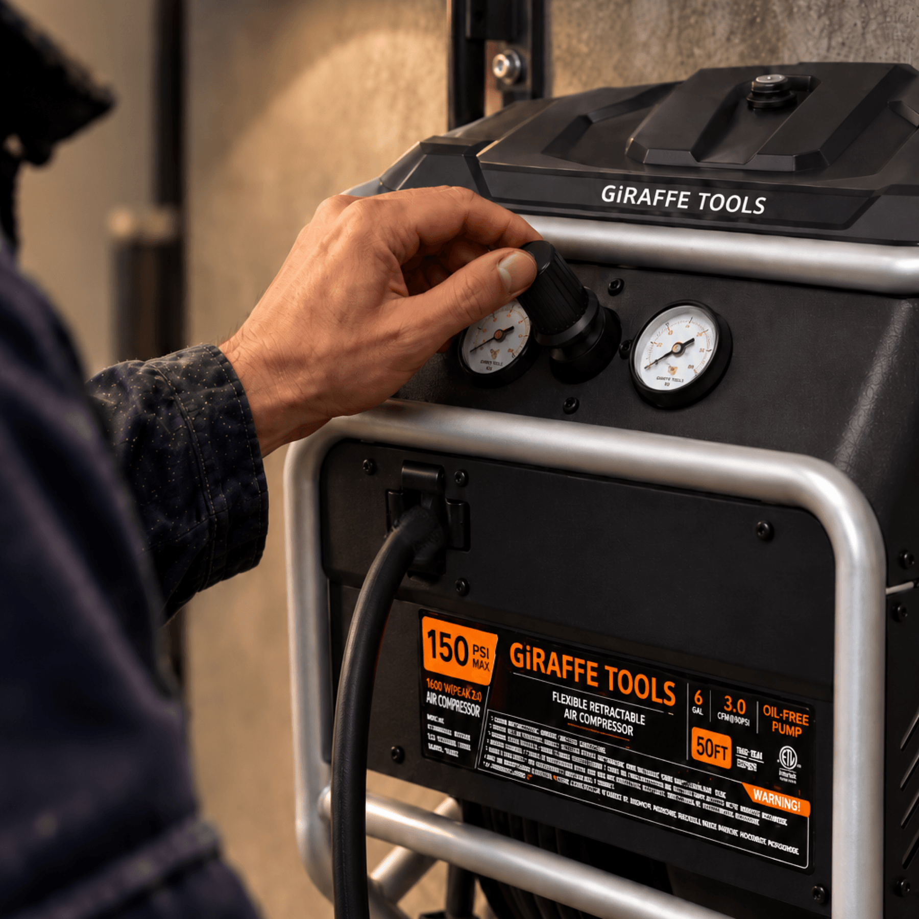 Close-up of the FlexReel air compressor pressure regulator and gauges