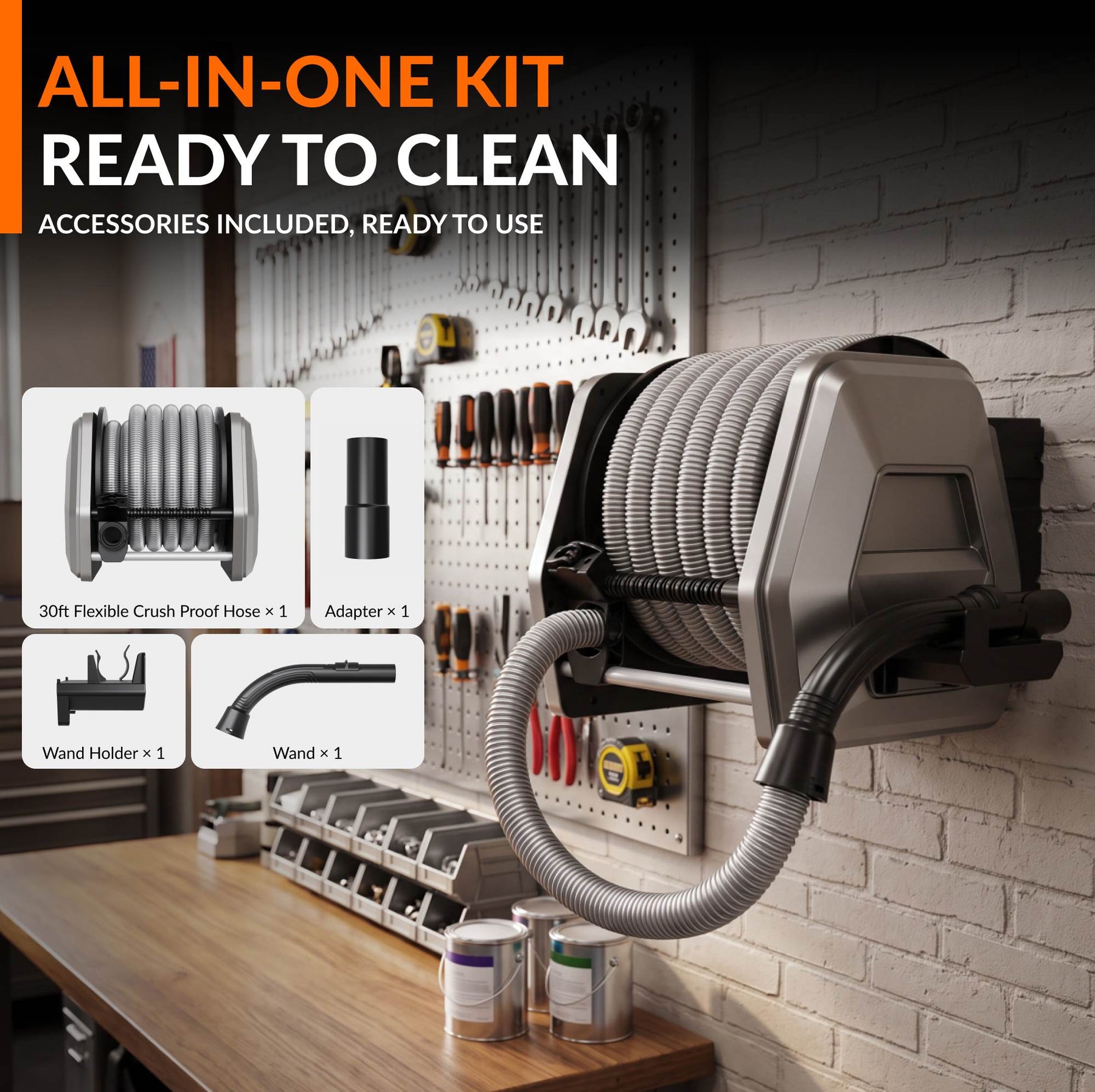 Wall-mounted vacuum hose reel with included adapter, wand holder, and wand.