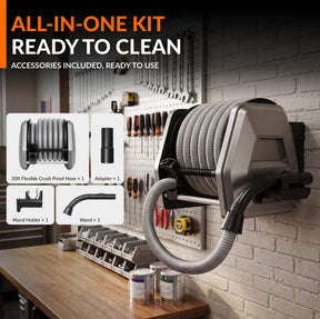 Wall-mounted vacuum hose reel with included adapter, wand holder, and wand.