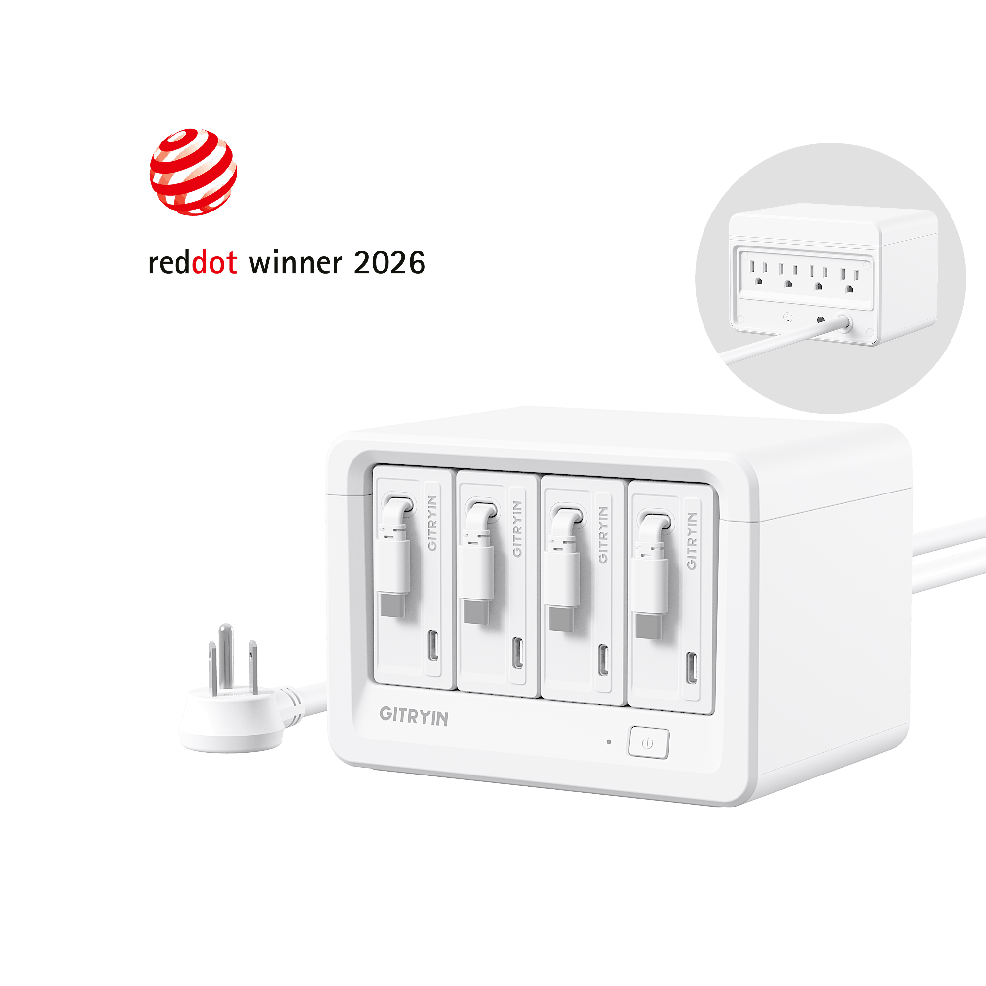 Gitryin Desktop Charging Station 12-in-1 (65W Combo) Features showing the white design with built-in retractable charging cables and rear power outlets